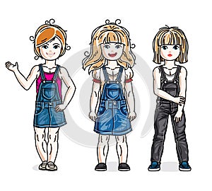 Cute little girls group standing wearing casual clothes. Vector diversity kids illustrations set. Childhood and family lifestyle