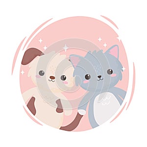 Cute little gray cat and doggy cartoon adorable animals