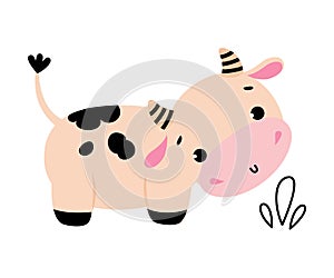 Cute Little Grazing Cow, Adorable Funny Farm Animal Cartoon Character Vector Illustration