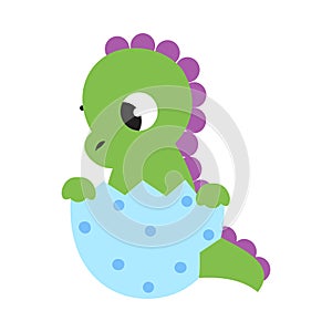 Cute Little Green Dragon Sitting in Eggshell, Funny Baby Dinosaur, Fairy Tale Character Cartoon Style Vector