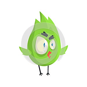 Cute little green funny angry chick bird standing colorful character vector Illustration
