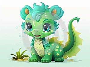 Cute little green oriental dragon Cub with big eyes on light background