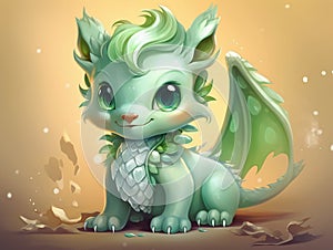 Cute little green oriental dragon Cub with big eyes on light background