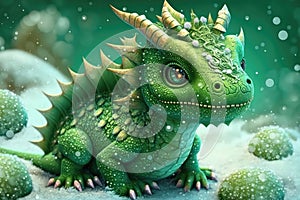 A cute little green smiling dragon with big eyes and golden horns. Symbol of Chinese New Year