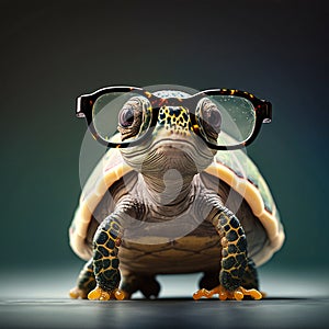 Cute little green turtle with glasses in front, generative AI