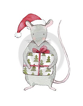 Cute little Grey Mouse in a red christmas hat with Christmas candy. Beautiful cartoon Christmas animal rat or mouse with gift box.