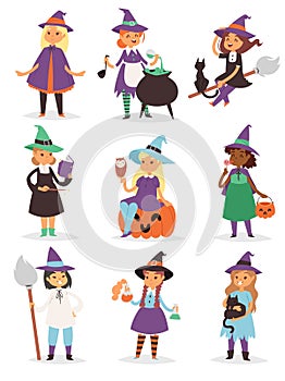 Cute little Halloween Witch girl harridan broom cartoon magic young character costume hat vector illustration.