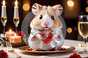 Cute little hamster with an elegant suit on a table set for a romantic Valentine dinner