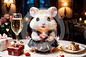 Cute little hamster with an elegant suit on a table set for a romantic Valentine dinner