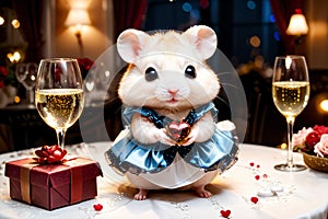 Cute little hamster with an elegant suit on a table set for a romantic Valentine dinner