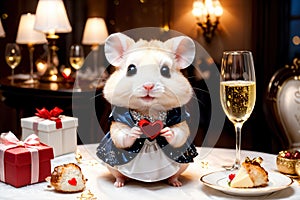 Cute little hamster with an elegant suit on a table set for a romantic Valentine dinner