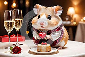 Cute little hamster with an elegant suit on a table set for a romantic Valentine dinner