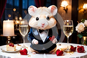 Cute little hamster with an elegant suit on a table set for a romantic Valentine dinner