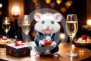 Cute little hamster with an elegant suit on a table set for a romantic Valentine dinner