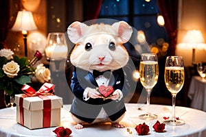 Cute little hamster with an elegant suit on a table set for a romantic Valentine dinner