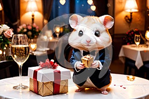 Cute little hamster with an elegant suit on a table set for a romantic Valentine dinner