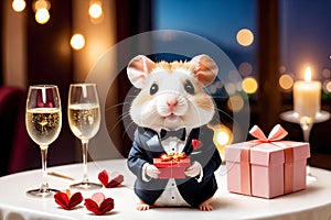 Cute little hamster with an elegant suit on a table set for a romantic Valentine dinner