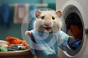 Cute little hamster in washing machine at home, closeup