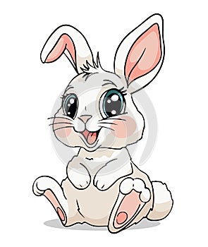 Cute little happy rabbit with big eyes, sitting white bunny toy, Easter card for children. Linear vector illustration