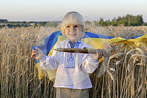 Cute little happy smiling child kid boy in embroidered shirt holding,carrying ukrainian national blue yellow flag,mace symbol in