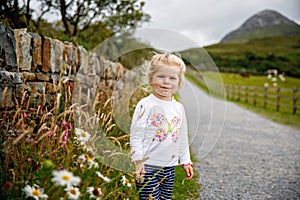 Cute little happy toddler girl running on nature path in Connemara national park in Ireland. Smiling and laughing baby