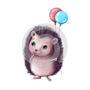 Cute little hedgehog with air balloons, watercolor style illustration, holiday clipart with cartoon character