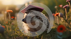 Cute little hedgehog with a cap on his head in the garden.