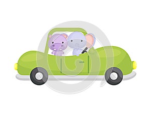 Cute little hippo and elephant driving green car. Cartoon character for childrens book, album, baby shower, greeting card, party