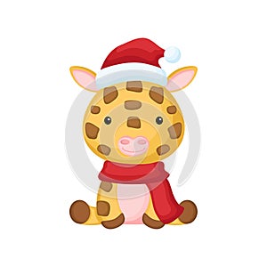 Cute little hippo giraffe in a Santa hat and red scarf. Cartoon animal character for kids t-shirts, nursery decoration
