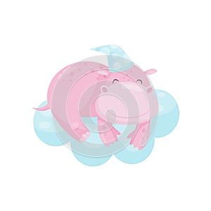 Cute little hippo sleeping on a cloud, lovely animal cartoon character, good night design element, sweet dreams vector