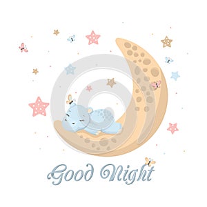 Cute little hippo sleeping on a moon, lovely animal cartoon character, good night design element, sweet dreams