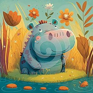 Cute little hippo vivid color background. Cartoon style animal illustration, generative AI