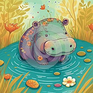 Cute little hippo vivid color background. Cartoon style animal illustration, generative AI