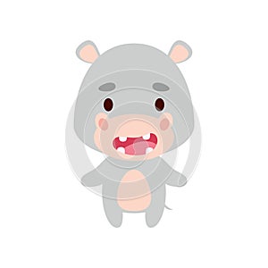 Cute little hippo on white background. Cartoon animal character for kids cards, baby shower, birthday invitation, house interior.