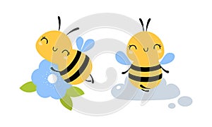 Cute Little Honey Bee with Wings and Black Stripes Flying with Flower and Meditating Vector Set