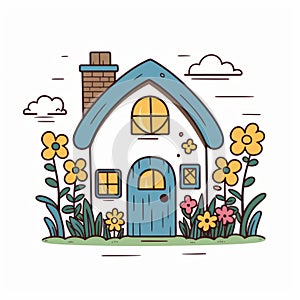 Cute little house with garden, simple doodle. Beautiful illustration picture. Generative AI