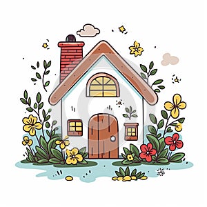 Cute little house with garden, simple doodle. Beautiful illustration picture. Generative AI