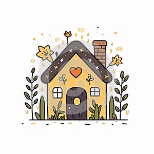 Cute little house with garden, simple doodle. Beautiful illustration picture. Generative AI