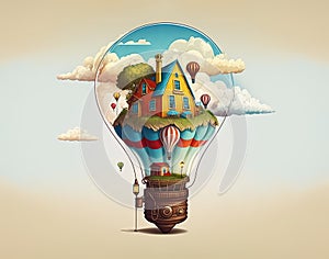 Cute little house with hot air balloon inside a light bulb