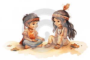 Cute little Indian boy and girl on white background, watercolor