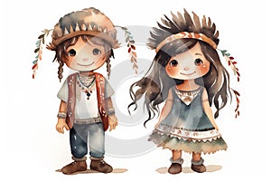 Cute little Indian boy and girl on white background, watercolor