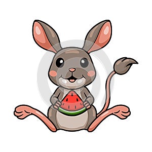 Cute little jerboa cartoon eating watermelon