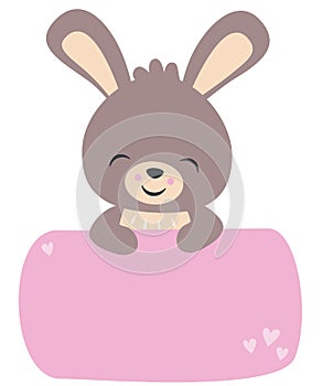 Cute Little Kawaii Style Baby Rabbit Holding a Banner Pastel Color Flat Vector Illustration Isolated on White