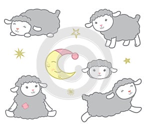 Cute Little Kawaii Style Gray Baby Sheep Design Elements Set Vector Illustration Isolated on White