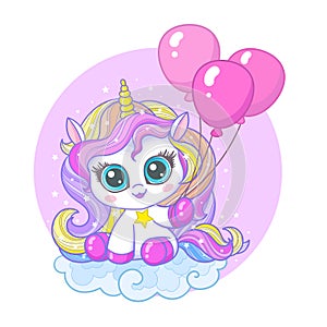 Cute little kawaii unicorn with balloons. Vector illustration
