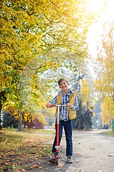 Cute little kid boy enjoying in autumn park.