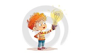 Cute little kid boy show idea pose expression with light bulb sign. Cartoon vector illustration islolated on the white background