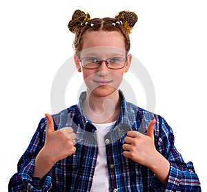 Cute little kid girl in checkered shirt showing thumbs up