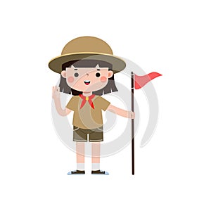 Cute little kid holding flag, boy scout or girl scout honor uniform, kids summer camp, Happy children cartoon flat character