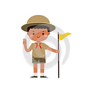 Cute little kid holding flag, boy scout or girl scout honor uniform, kids summer camp, Happy children cartoon flat character